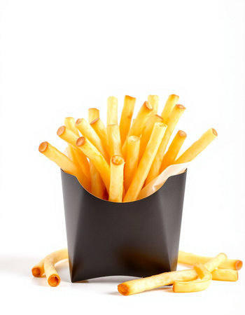 French fries in a black paper box on a white background, isolated