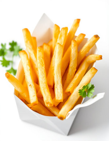 French fries in paper box on white background. Selective focus.