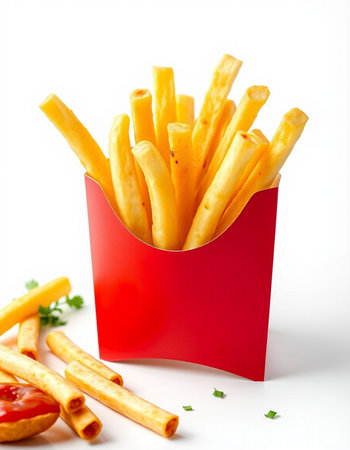 French fries with ketchup and parsley in red box on white background