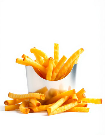 French fries in a paper cup on a white background. Isolated
