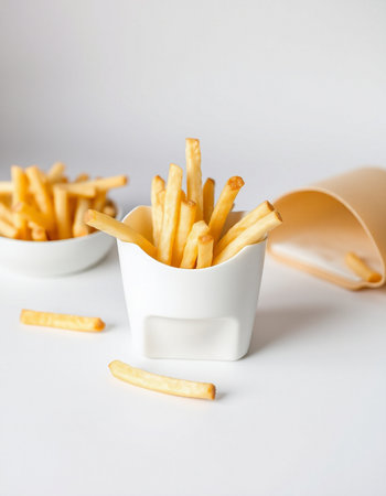 French fries in a paper cup on a white background, selective focus