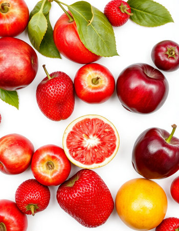 strawberries, apples, oranges, and grapefruits isolated on white background