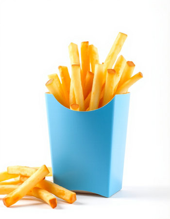 French fries in a blue box on a white background. Isolated