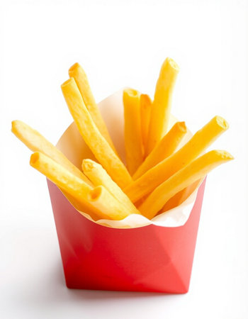 French fries in a red box on a white background. Isolated