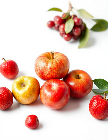 red apples and red cherries on a white background, closeupの写真素材