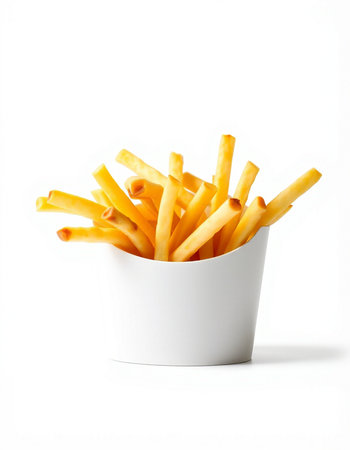French fries in a white bowl on a white background. Isolated