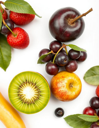 Fruits and berries on white background. Top view. Flat lay