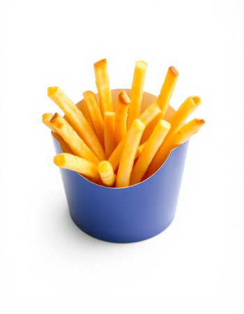 French fries in a blue box on a white background. Isolated