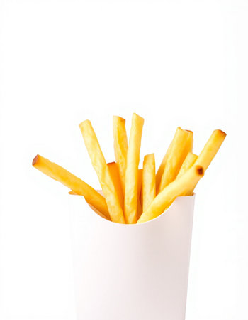 French fries in a white paper box isolated on a white background.