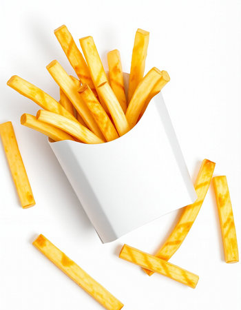 French fries in paper box isolated on white background. Top view.
