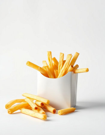 French fries in a white box on a white background. Fast food.
