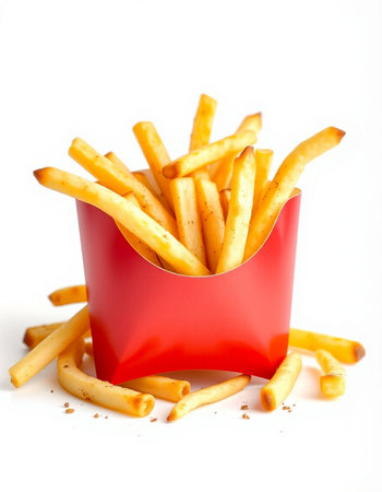 French fries in a red box on a white background. Isolated