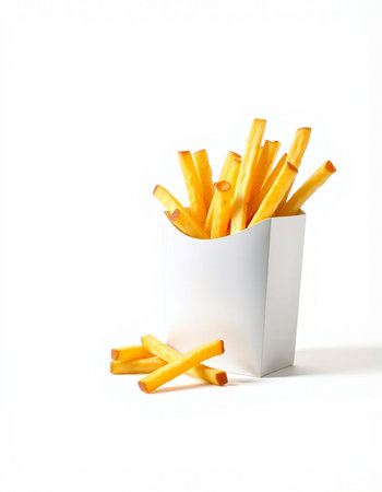 French fries in paper box isolated on white background, clipping path included