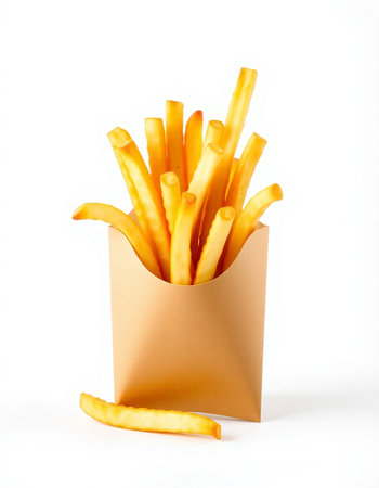 French fries in paper box isolated on white background. Fast food.