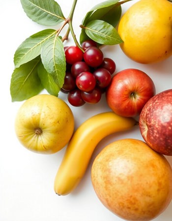 Fruits isolated on white background. Healthy food concept. Flat lay, top view.