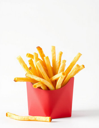 French fries in a red box on a white background with copy space
