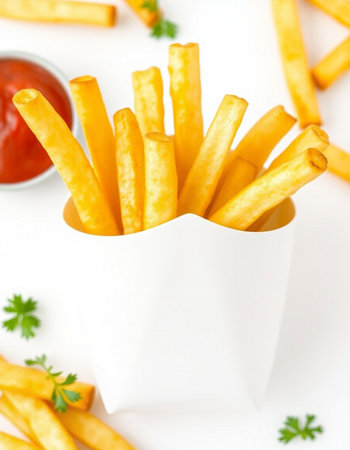 French fries with ketchup on white background. Selective focus.
