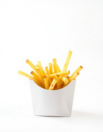 French fries in a white box on a white background. Isolated
