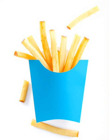 French fries in a blue box isolated on white background, top view