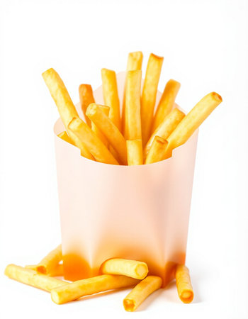 French fries in paper box isolated on white background. Fast food concept.