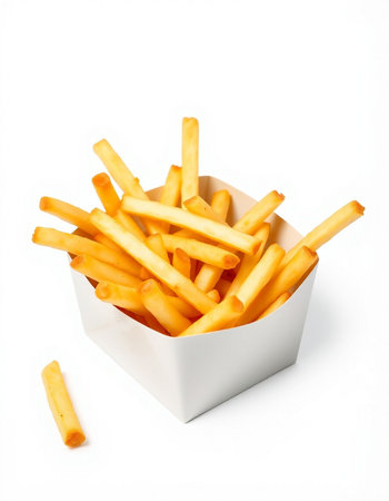 French fries in a white box on a white background. Isolated