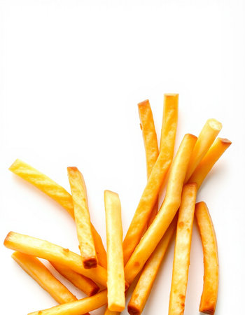 French fries isolated on white background. Top view. Copy space.