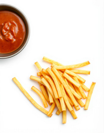 French fries with tomato sauce isolated on white background. Top view.