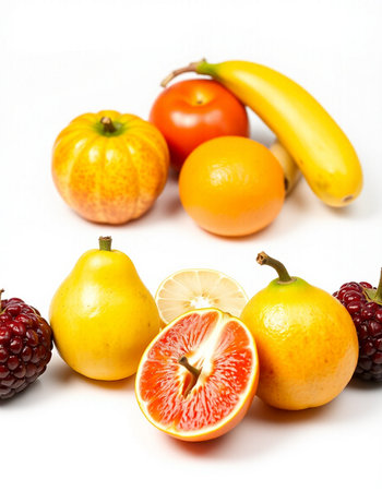 Fruits isolated on white background. Orange, grapefruit, lemon, raspberry, blackberry, pomegranate
