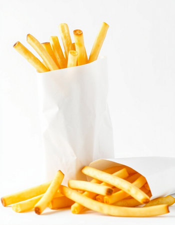 French fries in paper bag on white background. Selective focus.