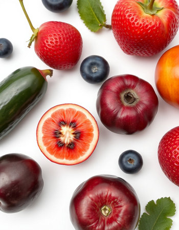 Fruits and vegetables on white background, top view. Healthy food