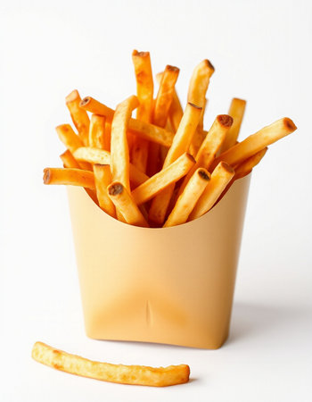 French fries in a paper box on a white background. Selective focus.