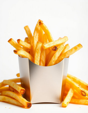Golden French fries in a paper box on a white background close-up