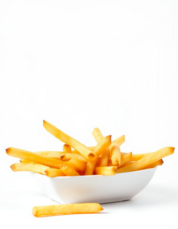 French fries in a white bowl on a white background. Selective focus