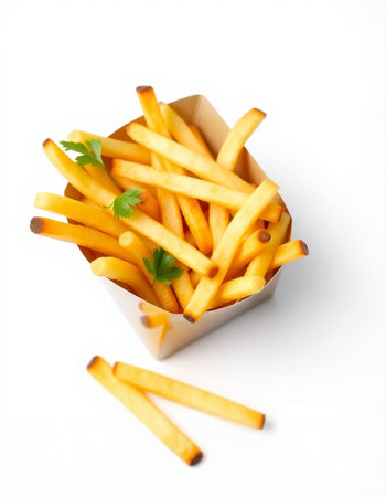 French fries with parsley in a box on a white background.