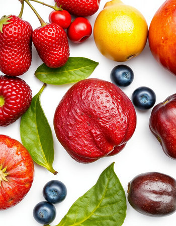Fruits and berries on white background. Flat lay, top viewの写真素材