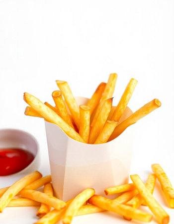 French fries with ketchup on a white background. Selective focus.