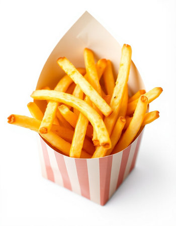 French fries in paper box isolated on white background. Selective focus.