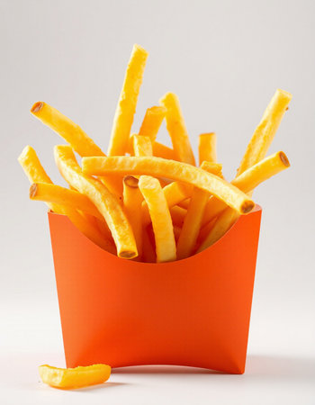 French fries in a box on a white background, close-up