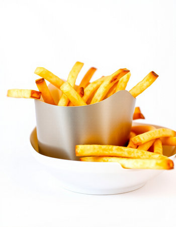 Golden French fries in a white bowl isolated on a white background.