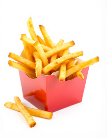 French fries in a red box on a white background.