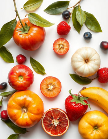 Fruits and vegetables on a white background. Flat lay, top view