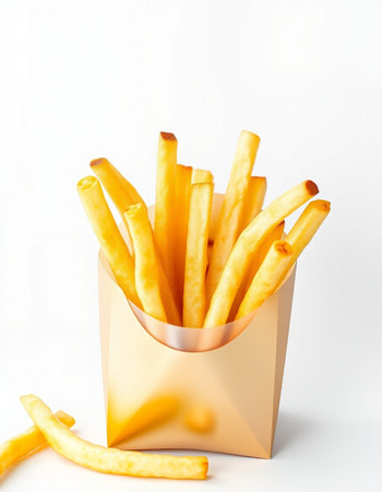 French fries in a paper bag on a white background. Fast food.