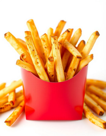 French fries in a red box on a white background. Shallow dof.