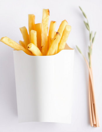 French fries in a paper box with rosemary on a white background