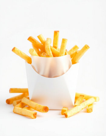 French fries in paper box on white background. Selective focus.