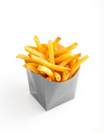 French fries in paper box isolated on white background. Selective focus.