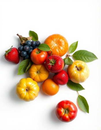 Various fruits and vegetables isolated on a white background. Top view.