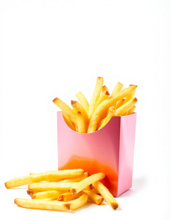 French fries in a pink box on a white background. Fast food.