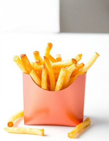 French fries in a red box on a white background. Selective focus.