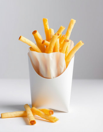 French fries in paper box on white background. Fast food concept.